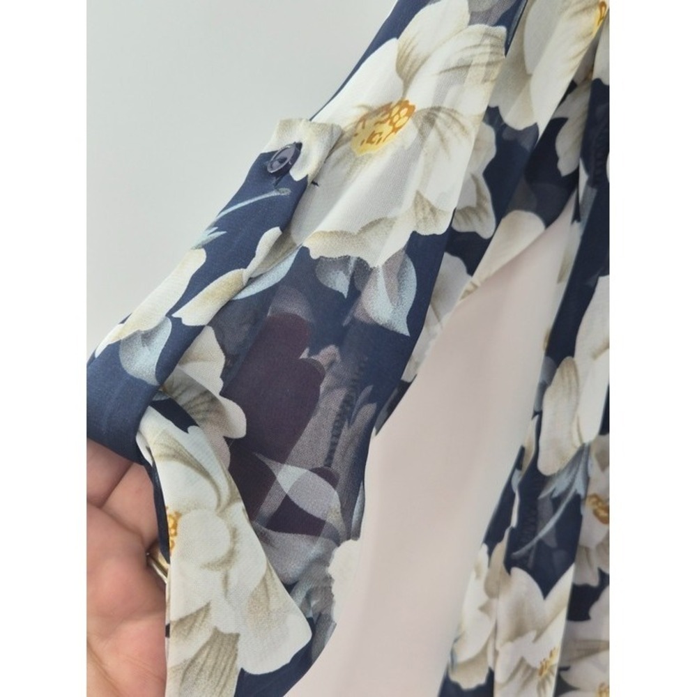 Navy Ivory Floral Sheer Tunic Blouse M 3/4 Roll-Tab Sleeve High-Low Cottagecore - Picture 5 of 10